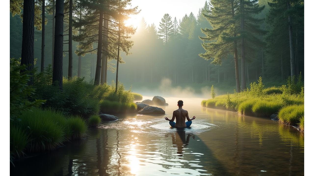 Nainen meditoi rauhallisesti suomalaisessa havumetsässä, purolla taustalla