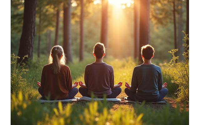 Ryhmä meditoi hiljaa aamuauringossa metsän aukiolla