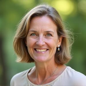 Ohjaaja Elina Järvi hymyilemässä metsätaustalla