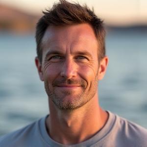 Ohjaaja Lasse Korhonen ohjaa kevyttä joogaharjoitusta järven rannalla