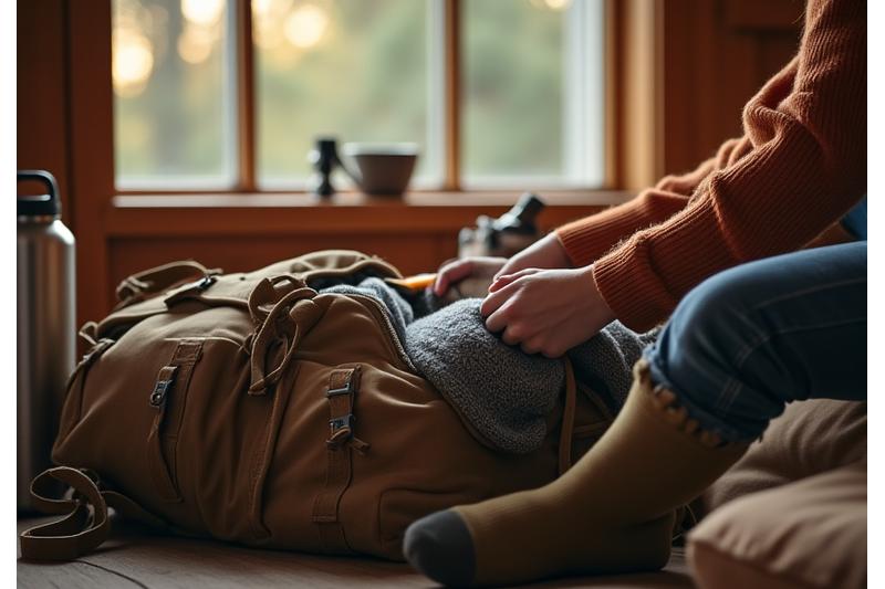 Nainen pakkaa reppuaan rauhallisesti mökillä, valmiina luontoon