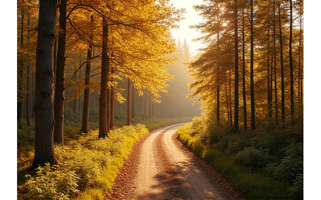 Aurinkoinen kuva metsäpolusta, heijastaen rauhaa ja luonnon tasapainoa
