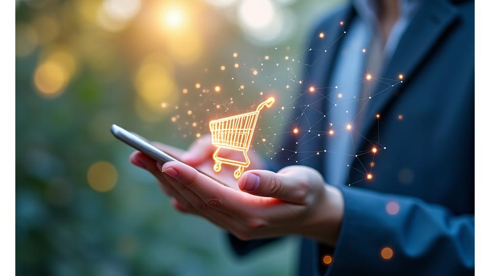Digitaalinen kuva ostoskorista tai verkkokaupan käyttöliittymästä, joka symboloi turvallista ja sujuvaa asiointia. Taustalla vaaleita, luonnonläheisiä sävyjä.
