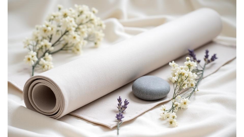 Rauhallinen kuva jooga-maton vieressä olevista mindfulness-tarvikkeista tai luonnonmaisemasta, joka symboloi hyvinvointipalvelujen rauhallista ja luotettavaa varausta.