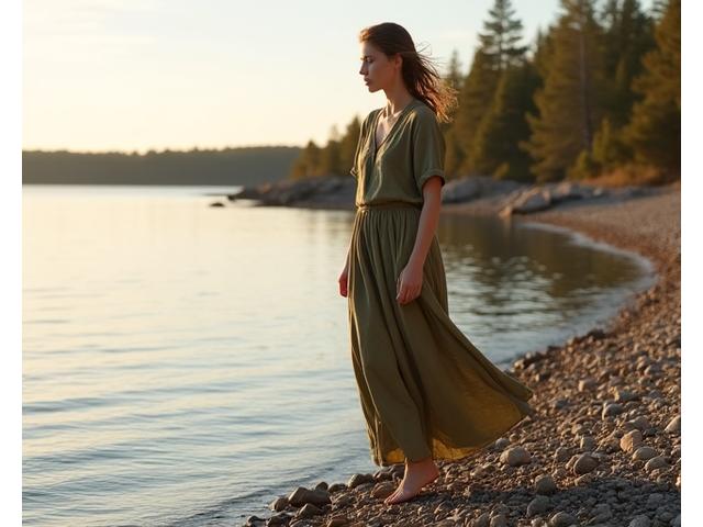 Nainen kävelee Helsingin rannalla yllään tyylikäs, ekologinen pellavamekko Kivi Kukan mallistosta.