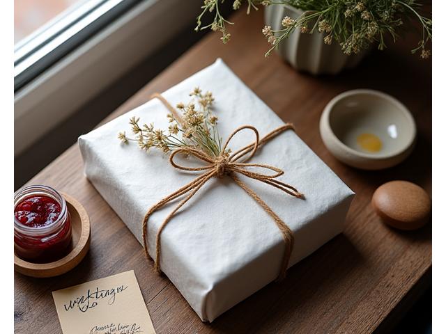 Käsin koottu, kauniisti pakattu lahjasetti juuri valmiina yllättämään. Paketin ympärillä on suomalainen maisema, jossa on luonnonmateriaaleja, kuten kuivattuja kukkia ja puun oksia. Kuvassa aurinko paistaa lempeästi.