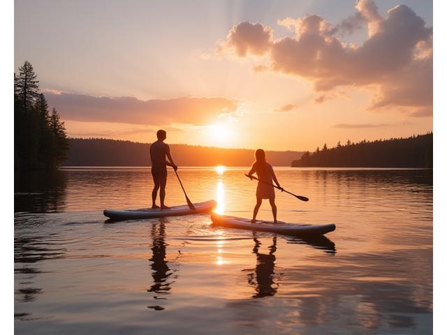 Kaksi ihmistä meloo SUP-laudoilla tyynellä järvellä Suomen kesäyössä, ilta-aurinko värjää taivasta