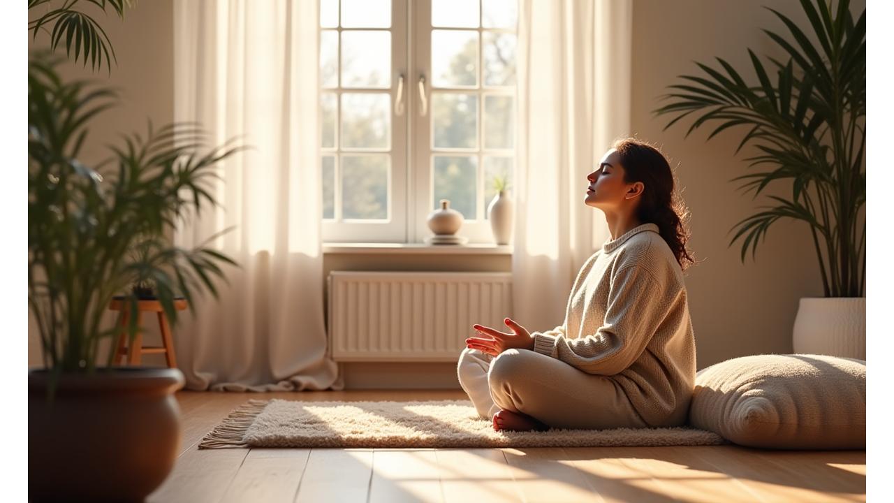 Rauhallinen olohuone mindfulness-harjoitusta varten, pehmeä valaistus ja mukava istuinpaikka.