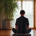Henkilö meditoimassa kotona mukavassa asennossa, ohjaaja opastaa ystävällisesti.