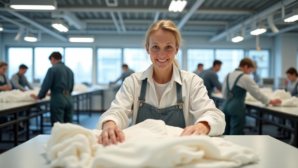 Kuvassa iloinen työntekijä, joka lajittelee luomupuuvillaa valoisalla ja modernilla tekstiilitehtaan lattialla, korostaen tehokkuutta ja vastuullisuutta. Aurinkoinen valo.