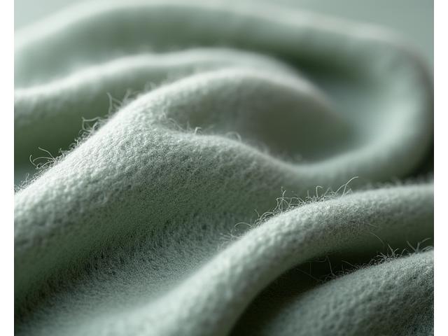 Lähikuva tiheästä, pehmeästä merinovillakankaasta, joka näyttää materiaalin tekstuurin ja kudoksen tarkkuuden. Kirkas, luonnollinen valo.