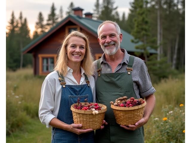 Kivi Kukan perustajat Elina ja Mikko hymyilevät, taustalla vanha suomalainen puutalo ja kuusimetsä. Heillä on kädessään käsintehtyjä pärekorja. Kuva symboloi yrityksen perhekeskeisyyttä ja luontoyhteyttä.